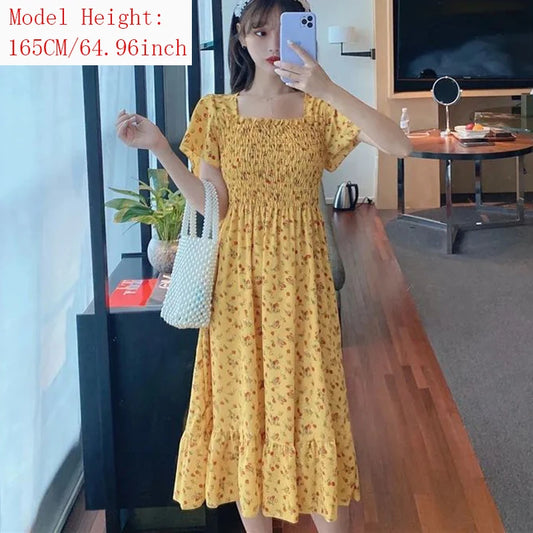 2025 New Spring Summer Dress Women Mini Dresses Female Short Sleeve Elastic Bust Printed Floral Pleated Backless Casual Dress