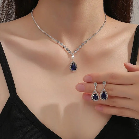 2 Pcs Blue Crystal Necklace & Bracelet Set